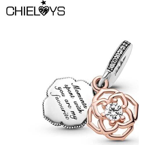 2Pcs/Lot Mothers Day Hot Sell Silver Plated Beads Two-tone Rose Dangle Charms Fit Original Brand Bracelets Women DIY Jewelry