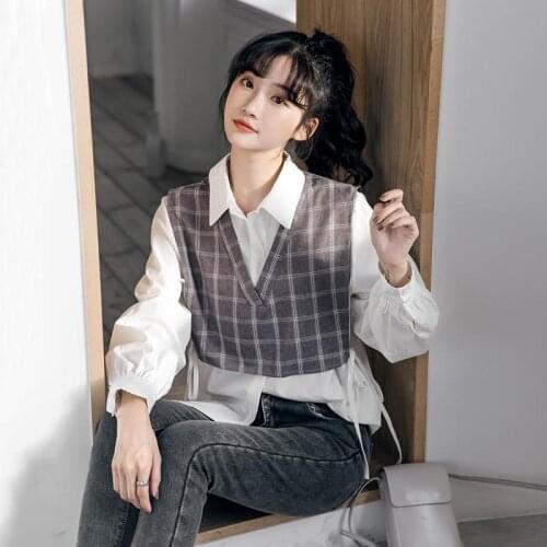 2021 Autumn Winter Retro Fake Two-Piece Plaid Loose-Fitting Shirt Womens New Turndown Collar Long Sleeve Base Shirt Y348