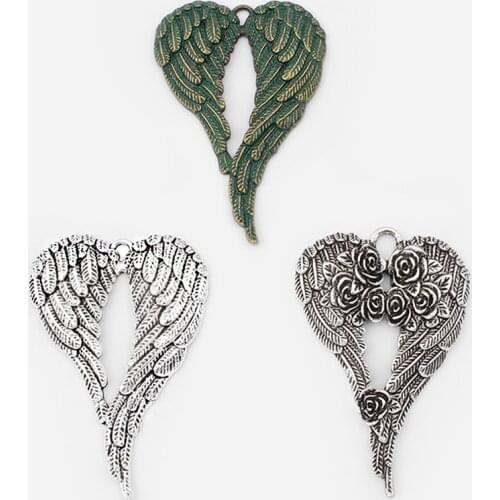 3pcs Tibetan Silver/Verdigris Patina Rose Angle Double Heart Wings Feather Charms Pendant For Necklace Jewelry Making Findings