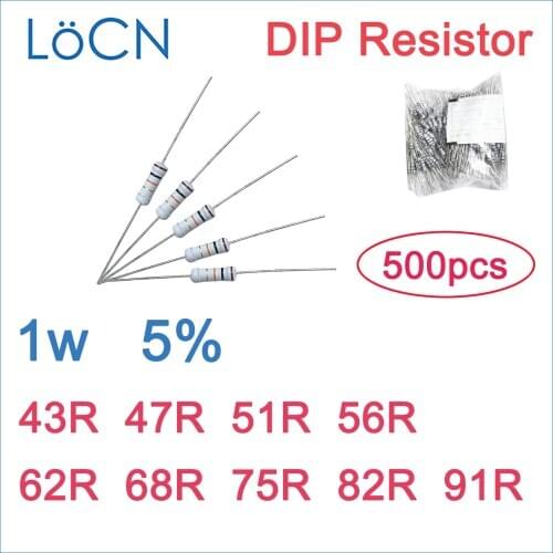 500pcs 5% 1W Carbon Film Resistor DIP 43R 47R 51R 56R 62R 68R 75R 82R 91R OHM Color ring