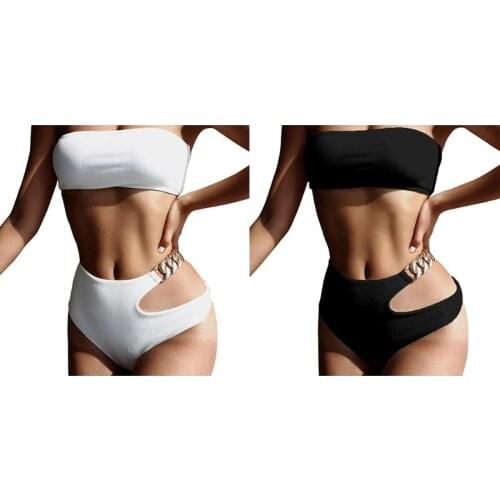 Bikinis 2021 womanWomen Sexy 2pcs Bikini Set Bandeau Ribbed Swimsuit Cutout Waist Chain Beachwear