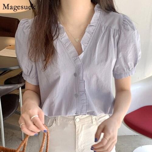Short Sleeve Women Blouses Summer Korean Sweet V-neck White Womens Shirts Ruffles Button Loose Puff Sleeve Tops Blusas 14145