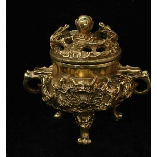 Chinese Buddhism Temple Bronze Brass Lion Dragon Statue Incense Burner Censer
