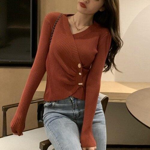 2021 New Irregular Slim Fit Knitted Sweaters Autumn Winter Fashion Design Coat V-neck Chic Button Women Cardigans