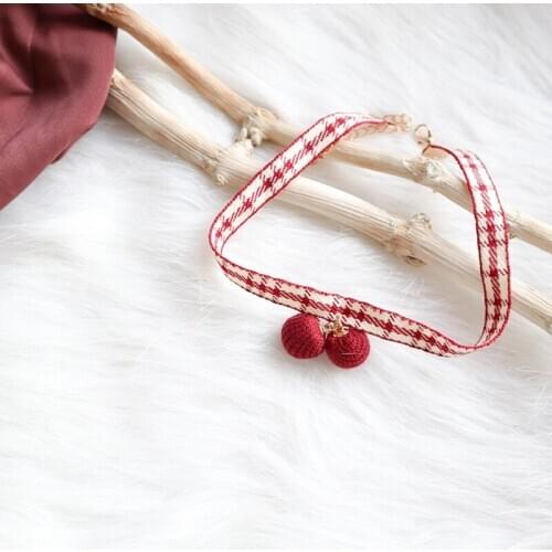Korea Burgundy Plaid Cotton Cloth Necklace Ball Pendant Choker Necklace Clavicle Chain for Girl Women