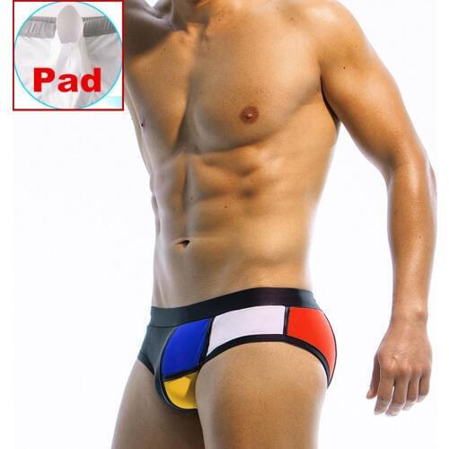 Sexy Gay Man Patchwork Pad Bikini Swimsuit Push Up Swimming Trunks Low Rise Briefs Beach Underwear Swimwear Board Shorts Male