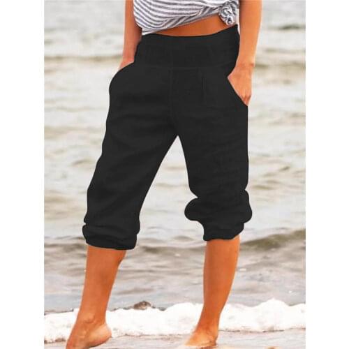 Summer Casual Womens Pantacourt Loose Stretch Sarouel Loose Fitness Sports Yogo Short Hind Legs Beach Calf-Length Pants Femme