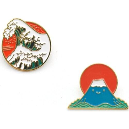 Cartoon Round Sea Wave Enamel Brooch Mount Fuji Mountain Sunrise Pins Alloy Badge Clothes Bag Accessories Woman Jewelry Gift