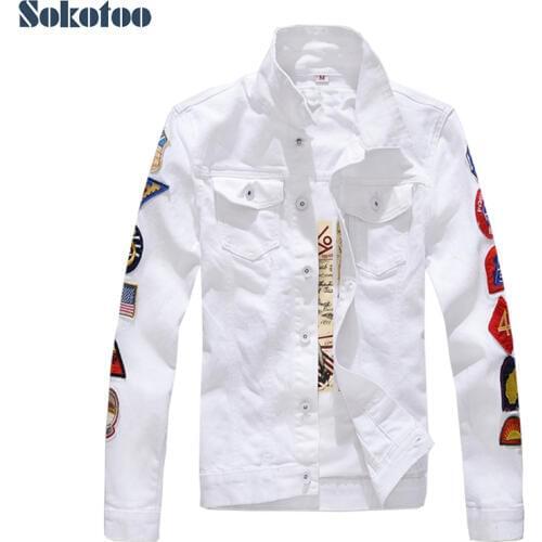 Sokotoo Mens patches design slim fit denim jacket White army green patchwork coat Outerwear for man