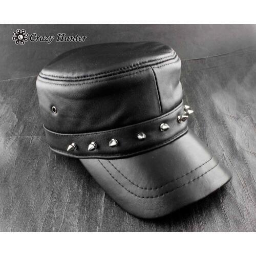 Metal Studded Mens Genuine Leather Motorcycle Biker Trucker Punk Cap Hat Black