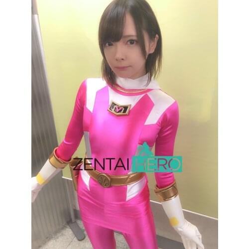 New Arrival Sexy Lady Two Pieces Super Hero Zentai Bodysuit Pink Spandex Sexy Woman Gigalady Ranger Catsuit Open Face