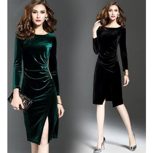 Bigsweety Vintage Velvet Dress New Women Long Sleeve Slim Side Split Dresses Knee Length Elegant Party Dress Vestidos