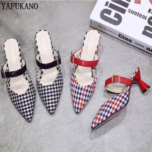 Womens Pointed Toe Slippers Women Summer Bow Plaid Sandals Fashion Wild 7cm High Heel Slippers zapatos de mujer