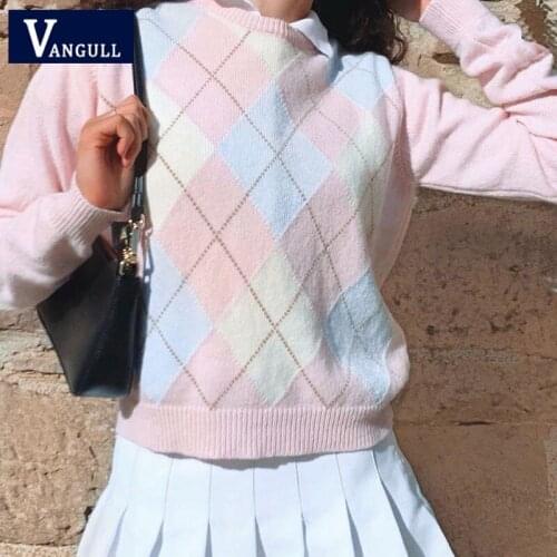 Vangull Argyle Color Contrast Pullovers Sweaters Womens Autumn Winter Pink O-neck Knitted Slim Casual Soft Female Basic Sweater