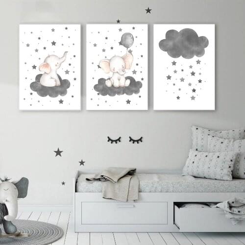 Balloon Elephant Print Canvas Painting Stars Cloud Poster Nursery Wall Art Prints Children Nordic Wall Pictures Baby Room Decor