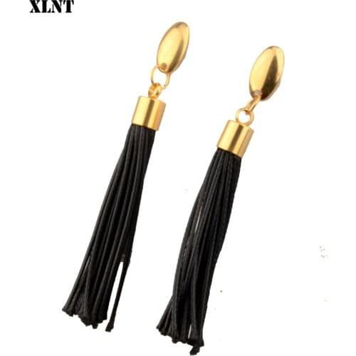 XLNT Bohemian Tassel Long Drop Earrings for Women Black Leather Fabric Fringe Earrings 2019 Fashion Woman Jewelry