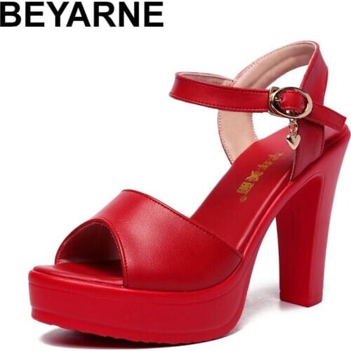 BEYARNERed High Heel Women Wedding Shoes 2019 New Word Thick High Heel Buckle With Waterproof Platform Sandals