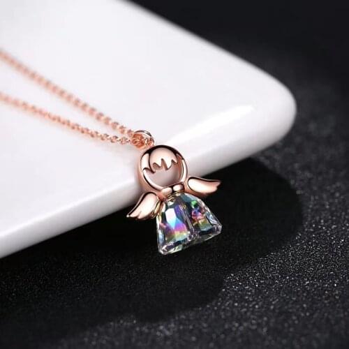 925 Sterling Silver Female Angel Necklace Inlaid With Austrian Crystals European Fashion Summer New Classic Small Skirt Pendant