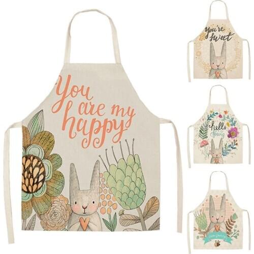 1Pcs 53*65cm Lovely Cartoon Rabbit Printed Kitchen Aprons for Women Sleeveless Cotton Linen Cooking Apron Cleaning Tools