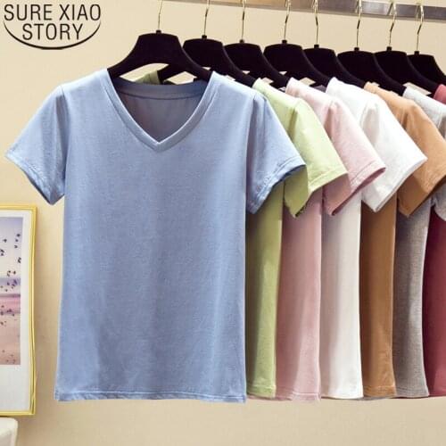 2020 Summer Women Cotton T Shirt New Solid 8 Colors V-color Short Sleeve Casual Plus Size Tshirt S-5XL Shirts Ladies Tops 9486