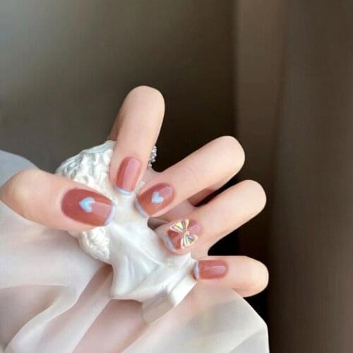24pcs short fake nails Removable Bow Jelly Nail Piece Adhesive Cute Manicure Patch False Nails Save Time Nail Patch TN