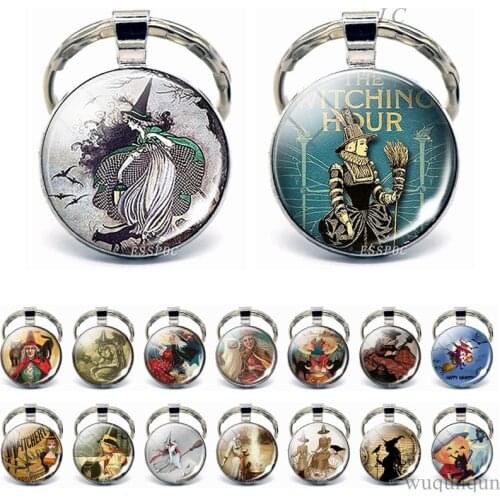 Witch and Black Cat Key Chain Charms Wizard Pendant Witching Hour Glass Jewelry Car Keychain Men Women Helloween Gifts