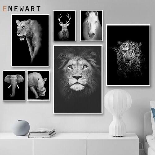 Black White Canvas Painting Animal Wall Art Lion Elephant Deer Zebra Posters and Prints Wall Pictures for Living Room Decor