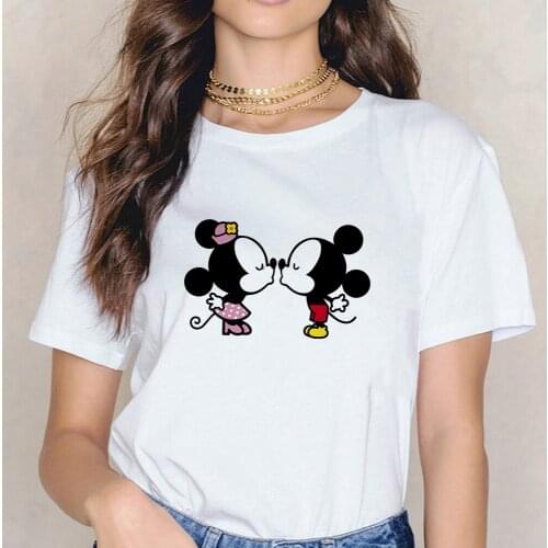 Lovers Mickey Minnie Kiss Print T Shirt Women Short Sleeve O Neck Loose Unisex Tshirt Ladies Summer Fashion Couple Tops Clothes