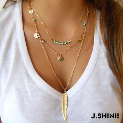 JShine Vintage Multilayer Leaf Pendant Necklace Women Gold Color Coin Moon Star Crystal Crescent Choker Necklaces Jewelry Gifts