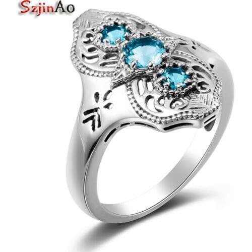 Szjinao Personalized Turkish Rings For Women Hiphop Wedding Band Aquamarine 925 Sterling Silver Antique Jewelry Wholesale