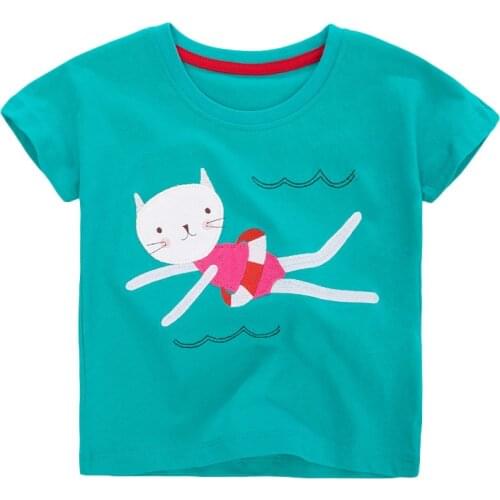 Little Maven New Summer Children Green Swimming Cat Applique O-neck Short-sleeved Cotton Knitted Girls Casual Cute Tshirts Tops