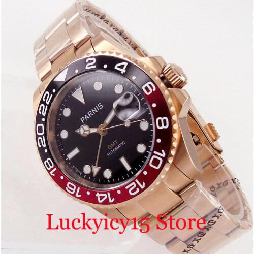 PARNIS GMT Rose Gold Mechanical Men Wristwatch Automatic Movement Sapphire Glass Black Red Insert Sloid Back