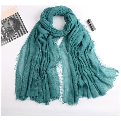 Fashionable Viscose Cotton Crinkled Scarf Hot Diamonds Malaysia Muslim Hijabs Women Solid Color Fringe Headscarf Wrap Long Shawl