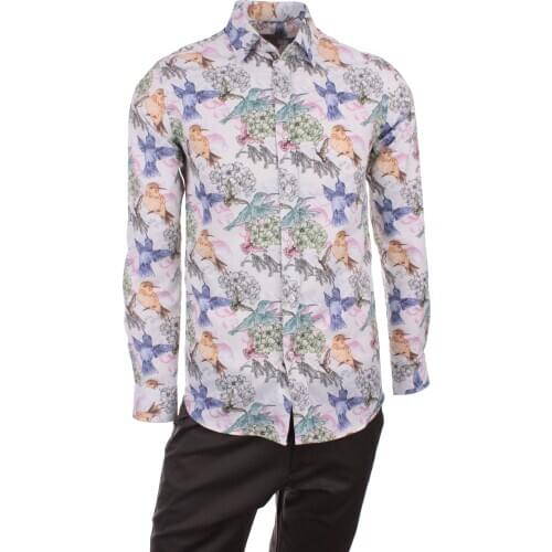 Gentilbay Mens Birds Animals Digital Printed Aqua Yellow Slimfit Long-Sleeve Sport Shirt DPD131