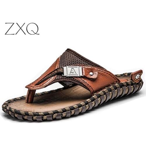 Genuine Leather Men Slippers Beach Sandals Comfortable Men Summer Holiday Sandals Shoes Fashion Men Flip Flops Drop Shipping