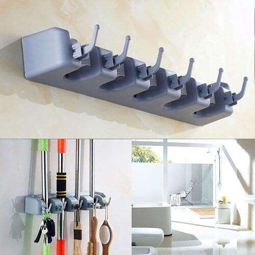5 Position Mop Broom Holder Wall Mounted ABS Plastic Mop Holder Broom Organizer 5 Slots 6 Hooks Hanging Mop Broom Shovel