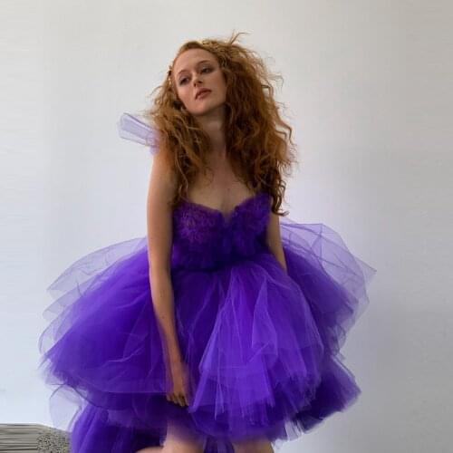 New Fashion Blue Short Tulle Dresses Hi Low Strapless Ruffles Extra Puffy Women Tulle Dressing Gowns For Party