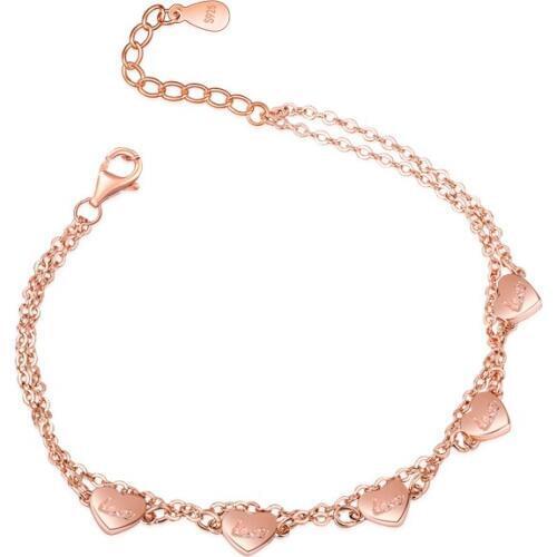 Wholesale Heart Charm Double chain bracelet Woman 100% 925 sterling silver Bangle & Bracelet classic Rose gold jewelry gift