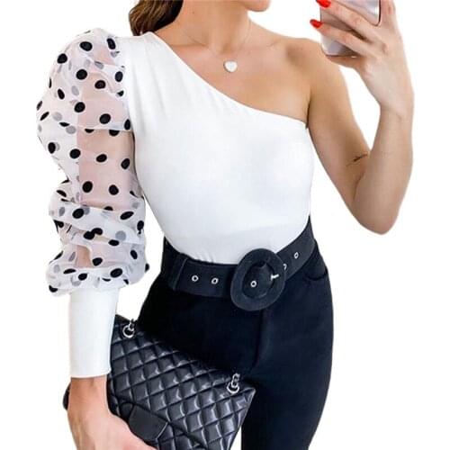 European Style Sexy Skew Collar One-shoulder Tees Fashion Polka Dot Puff Sleeve Black White T-shirt Womens Knitted Tops Trend