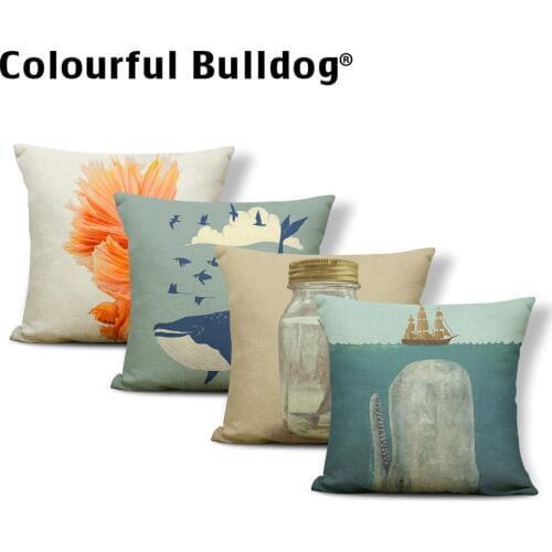 Ocean Cushion Covers Sailboat Pillow Cushions Animal Modern Art Hotel Houseware Throw Pillow Case Whale 43X43Cm Burlap Designer