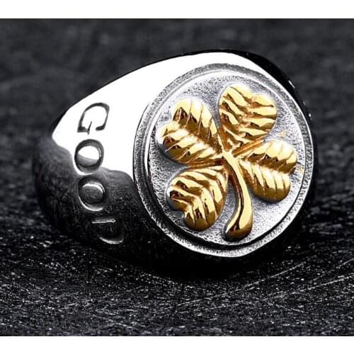 Casual Fashion GOOD LUCK Gold Four Heart Petals Clover Rings for Men