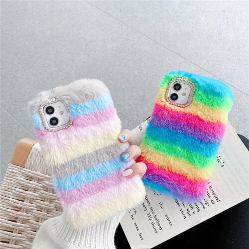 Luxury Diamond Plush Fur Phone Case For iPhone 12 Pro Max 11 13 12pro XR X XS Max 8 7 6 6S Plus SE 2020 iphone Rainbow Case Soft