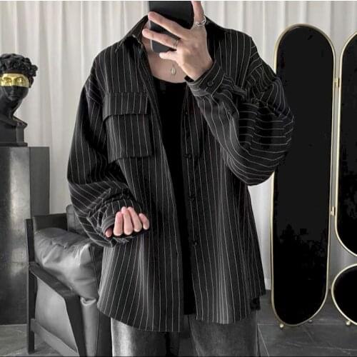 Spring Autumn Mens Striped Shirt Long Sleeve Loose Ruffian Handsome Personality Hong Kong Style Trend Korean Shirt Men Clothing