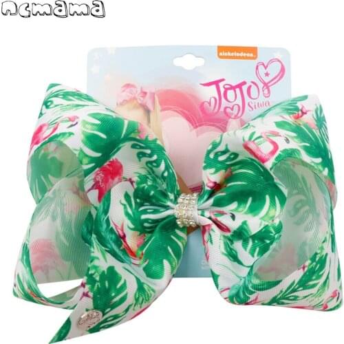 Ncmama Summer 7" Hair Bows Clips for Girls Flamingo Print Ribbon Rhinestone Large Hair Bow Party Kids Hairgrips Hair Accessories