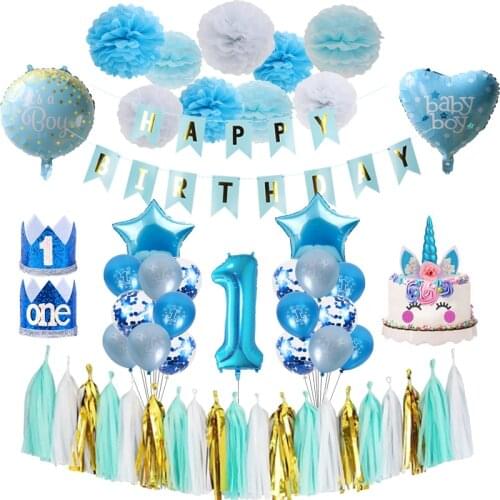 First Birthday Baby Boy Party 1st Birthday Party Decoration Banner Balloon crown 1 One Year Old Party Baby Shower Decor Supplies