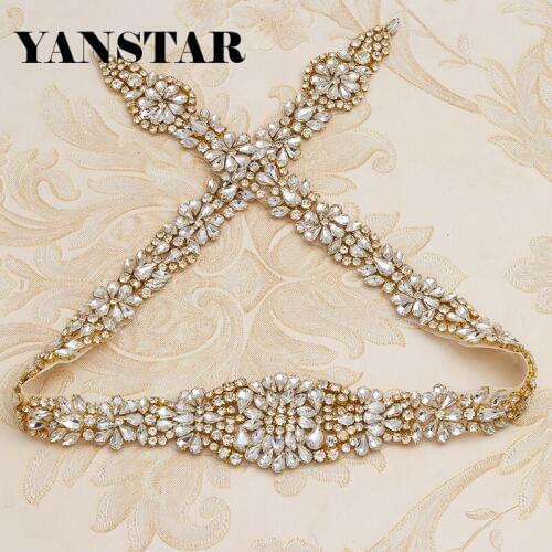 YANSTAR (5pcs) All The Way Beaded Rhinestones Appliques Hand Clear Rose Gold Crystal Sewing On For Bridal Gown Sash YS854