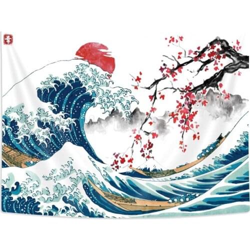Japanese Wave Kanagawa Wave Tapestry Asian Anime Mountain Red Cherry Blossom Decoration