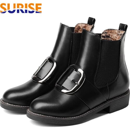 British Women Chelsea Boots Black White PU Low Square Heels Casual Office Preppy Lady Round Toe Metal Buckle Vintage Ankle Boots