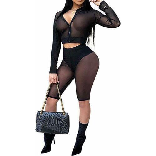 2019 Summer Sexy Women 2 Piece Hollow Mesh Transparent Crop Top Shorts Set Long Sleeve Tops+ High Waist Shorts Sexy Ladies Sets