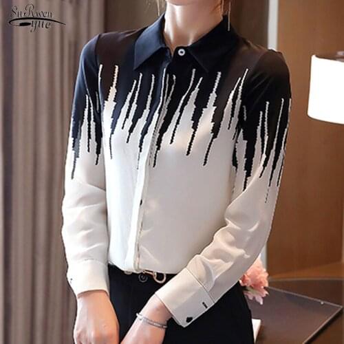 2021 Office Lady Long Sleeve Button Cardigan Women Shirts Autumn Black and White Chiffon Blouse Women Print Ladies Clothes 11052